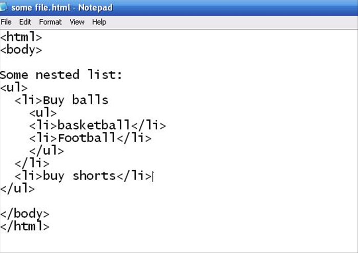 <html>
<body>

Some nested list:
<ul>
  Buy balls
    <ul>
    basketball
    Football
    </ul>
  
  buy shorts
</ul>

</body>
</html>
