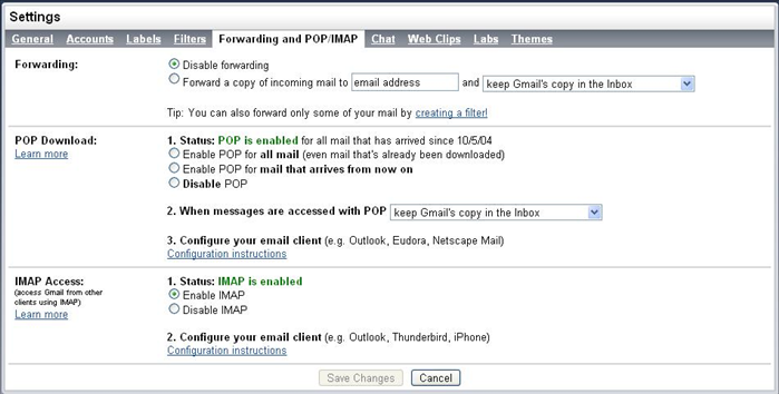 דבר ראשון שצריך לעשות זה להגדיר בתיבת Gmail את הIMAP.
הכנסו לחשבון הGmail שלכם, לחצו על Settings בחלק העליון של המסך.
בחרו בForwarding and POP/IMAP
לחצו על שמור שינויים.
